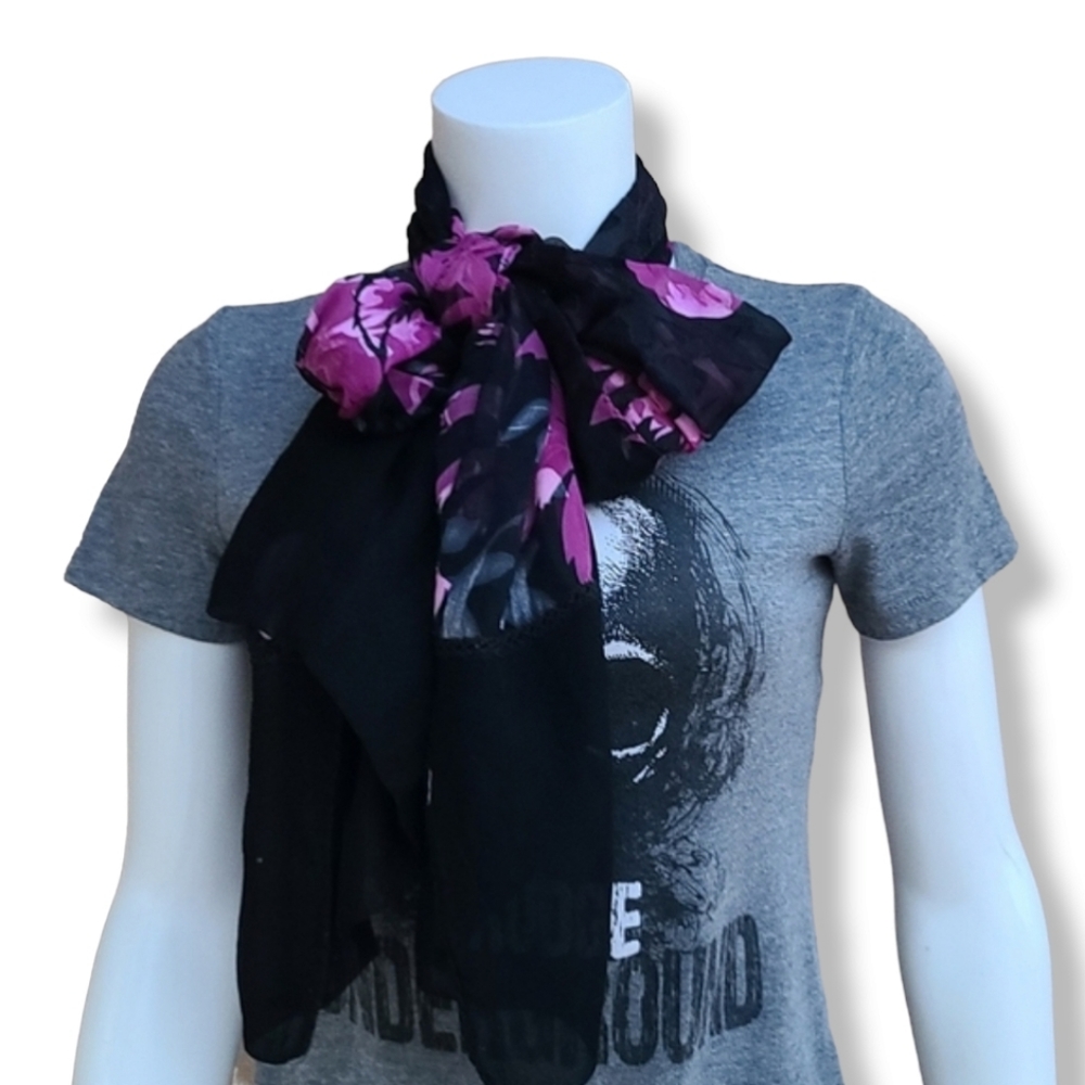 EGYPT Black Purple Floral Rectangular Scarf Semi Sheer Burnout Wrap Shayla Hijab - Picture 4 of 16